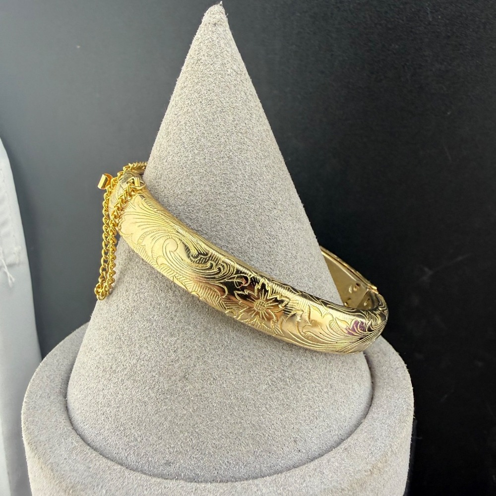 Vintage Estate Bangle Bracelet Gold Tone Etched Hinged Floral 6.5"